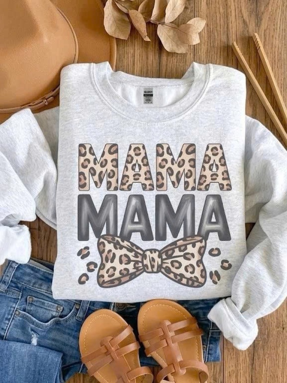Mama Leopard Print Bow Sweatshirt Heather Grey Cozy Mom Life Crewneck Pullover